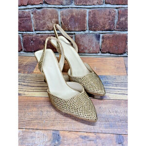 Halston Women's Hawaii Embellished Slingback Pointed Toe Heels Gold Rhinestone 8